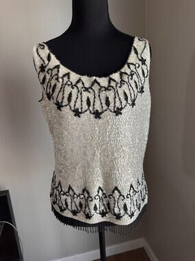 1950s Vintage Beaded Sweater Shell Fringe Cream Iridescent 100% Wool